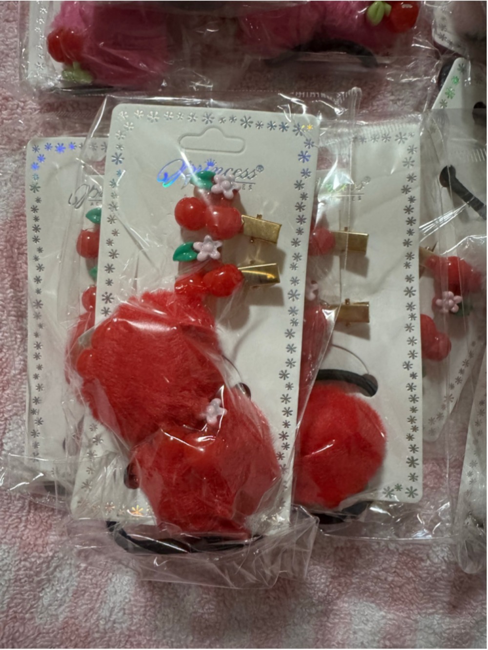 12 Pc Cherry Hair Accessory Bundle | Pom Pom Hair Ties & Matching Clips Kawaii C - Picture 7 of 9